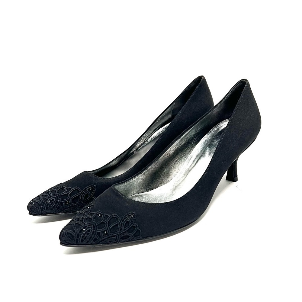 Vintage 1990s deadstock black nylon rhinestone lace pointed toe kitten heels